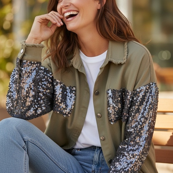 Chic Me Jackets & Blazers - Glam Olive Sequin Utility Jacket